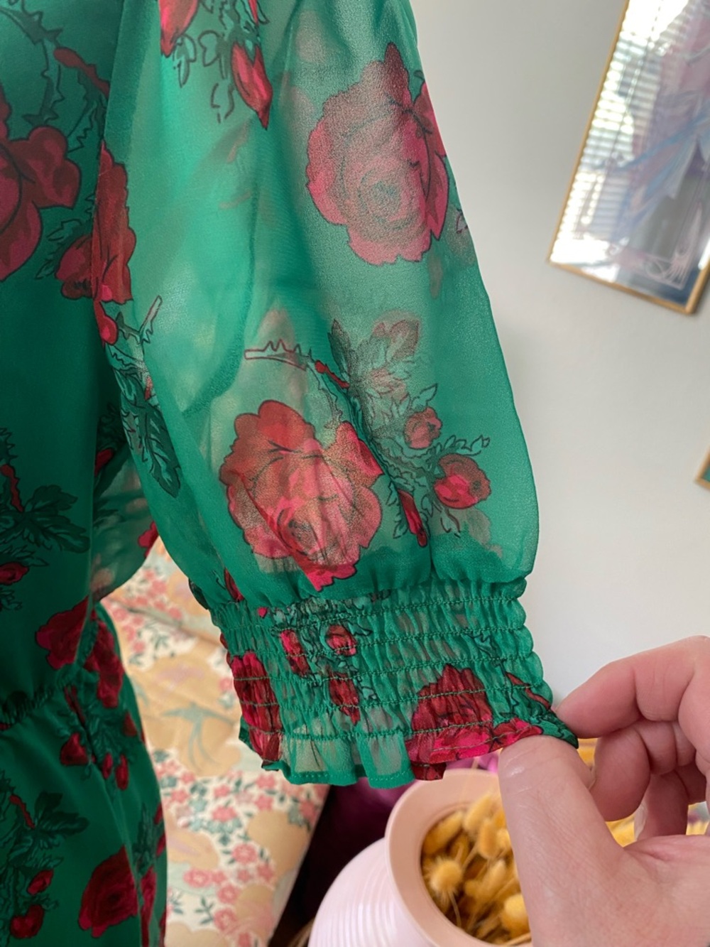 Betsey Johnson Green Maxi Dress with Pink Rose Print - Picture 5 of 12